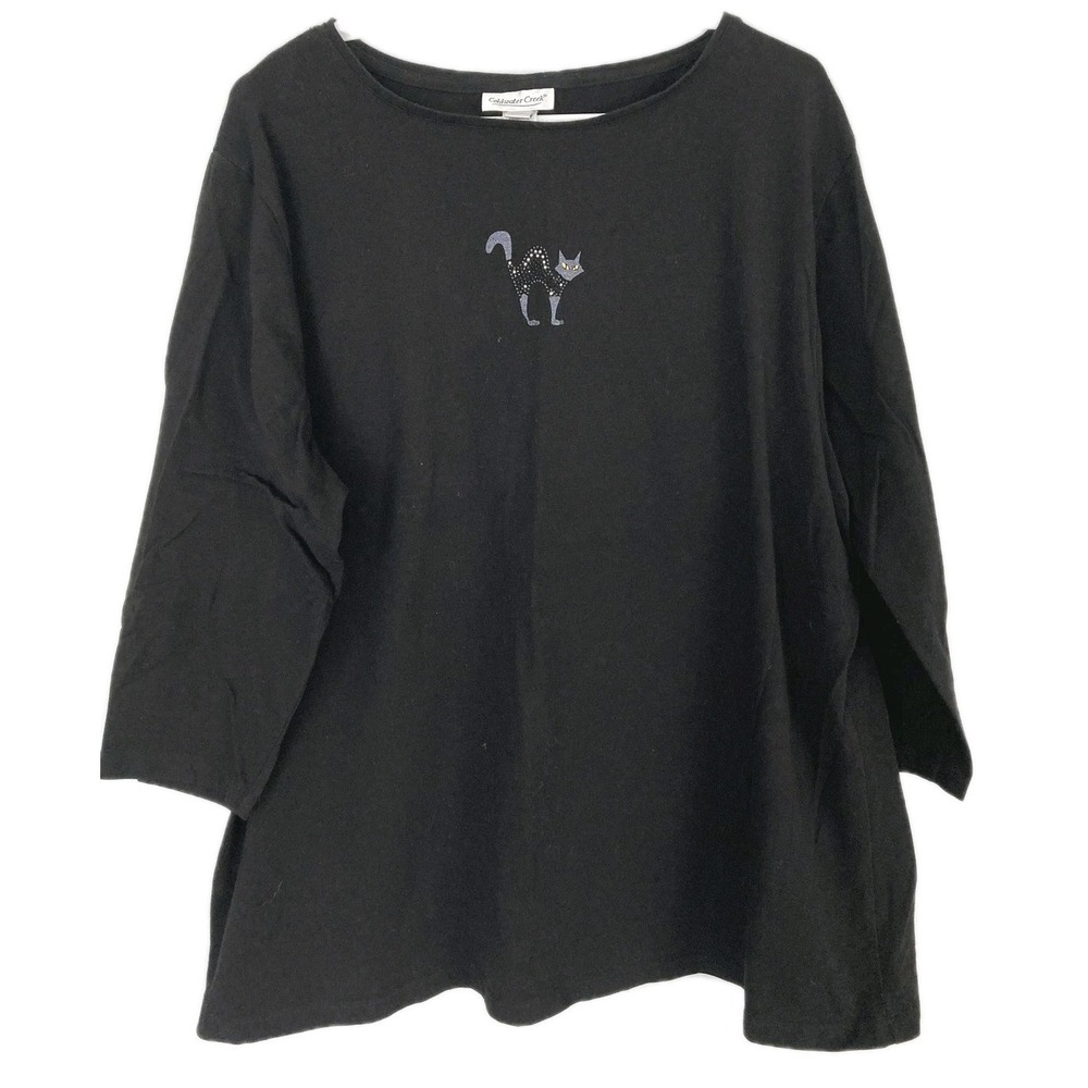 Vtg Coldwater Creek Shirt Women 3X Blk 3/4 Sleeve Rhinestone Cat Halloween Tee